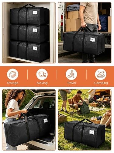 SWEET DOLPHIN 8 Pack 200LB Heavy-Duty Moving Bags with Wrap-Around Handles, Extra Large Storage Totes for Space Saving, Clothes Storage Bags, College Dorm Essentials, Black, 24 Gal thumbnail 6