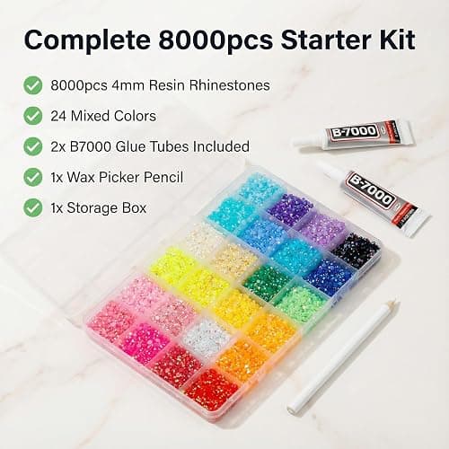 8000Pcs 4mm Rhinestones for Bedazzling, Bedazzler Kit with Rhinestones and Tools, Flatback Resin Jelly AB Colorful Rainbow Crystals Gems Set with Glue for Nail Art Crafting Clothes Crafts thumbnail 2
