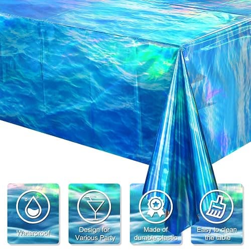 3 Pcs Iridescent Waves Tablecloths - Disposable Plastic Ocean Blue Table Cloth Rectangle Table Covers for Under the Sea Beach Surf Pool Party Birthday Party Decorations, 54 x 108 Inch thumbnail 4