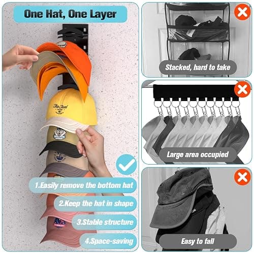 Hat Organizer for Baseball Caps 2Pack, Hat Rack for Wall with Strong Adhesive Hold up to 20 Hats, Hat Hanger Holder Display for Door Closet, Cap Organizer Storage Multilayer Two Mounting Option(Black) thumbnail 2