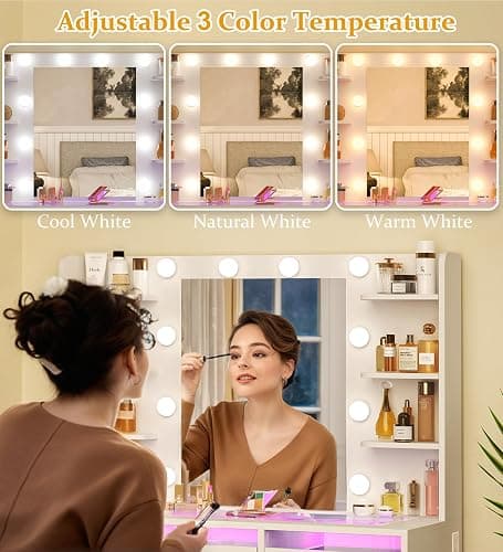 HUAHUU Vanity Desk with Mirror and Lights, Makeup Vanity Desk with Lights 3 Colors, Transparent Top Vanity with 2 RGB Drawers, 6 Shelves, Large Tempered Cabinet, Power Outlet, for Bedroom, White thumbnail 6