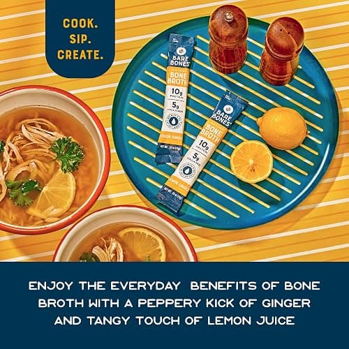 Bare Bones Bone Broth Instant Powdered Mix, Lemon Ginger, Pack of 8, 15g Sticks, 10g Protein, Keto & Paleo Friendly Bone Broth Packets thumbnail 5