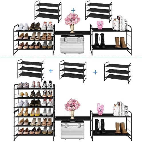Simple Trending 3 Tier Stackable Shoe Rack, Expandable Adjustable Fabric Shoe Shelf Storage Organizer, Black thumbnail 6