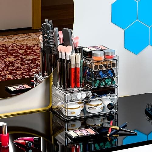 Clear Acrylic Makeup Organizers for Vanity,Countertop,3 Pack Make up Drawer Organizer With Makeup Brush Holder,Plastic Skincare Organizers for Hair Accessories,Beauty,Hair Products,Bathroom,Dresser thumbnail 2