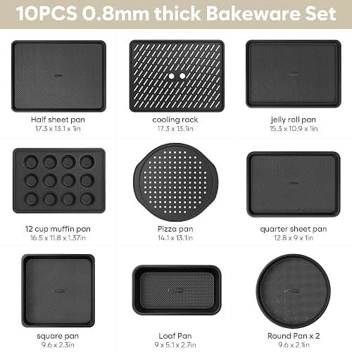 10-Piece Nonstick Bakeware Set, 0.8MM Thick Carbon Steel Baking Pan Set for Oven with Cookie Sheet, Muffin Pan, Pizza Pan, Loaf Pan and Cooling Rack, Stackable Kitchen Baking Set, PFOA/PTFE Free thumbnail 3