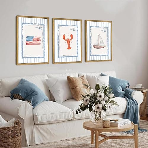 Wood Framed Blue Beach Stamp Set of 3 Canvas Poster Coastal Granddaughter Room Wall Art Decor Vintage Preppy Aesthetic Prints Artwork for Girly Dorm Apartment Ocean Home Decoration 12x16 Inch thumbnail 2