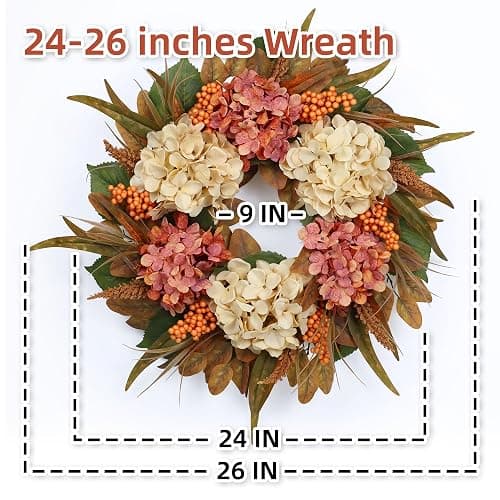 26" Autumn Fall Door Wreath with Hydrangea Berry Eucalyptus for Outdoor | Realistic Eucalyptus Leaves, Hydrangea Flowers, Berries and Hook for Farmhouse Fall Decorations; UV-resistant, Weatherproof thumbnail 2