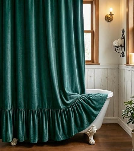 MAMUSE Ruffle Shower Curtain for Bathroom - Cute Aesthetic Decorative Modern Girly Unique Girls Design Pretty Women Waterproof Velvet Cortinas de Baño Bathtub 72 x 72 Inch, Dark Green - Image 1