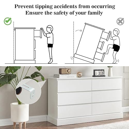 Alaxgumrol White Bedroom Dresser Modern 6 Drawers Dressers Wood Organizer Wide Dresser & Chest of Drawers Storage for Living Room, Entryway, Hallway - White - 15.7"D x 47.3"W x 27.6"H (6 Drawers) thumbnail 7
