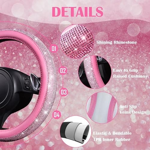 CAR PASS 24 PCS Pink Bling Diamond Accessories Set for Women, Leather Seat Covers, 15'' Steering Wheel Cover, Shining Rhinestone Sparkly Hooks, Coasters, Cute Interior Decorations thumbnail 4