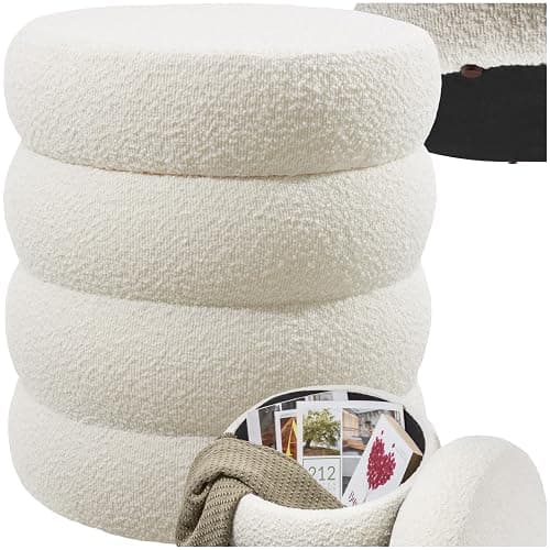 tectake® Hocker mit Stauraum, Scandi Sitzhocker Bouclé Teddy Stoff, Pouf, Polsterhocker rund für Schminktisch, Wohnzimmer Möbel, als Flur Möbel, Stauhocker Wohnen, Ø 42 x 47 cm - Bouclé Creme-weiß - Image 1