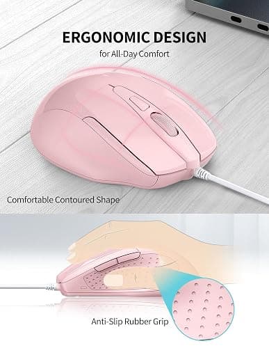 TECKNET Wired Mouse, 6-Button Corded with 4 Adjustable DPI, Optical Ergonomic Design, 5FT Cord for Laptop, Chromebook, PC, Desktop, Mac, Notebook - Pink thumbnail 3