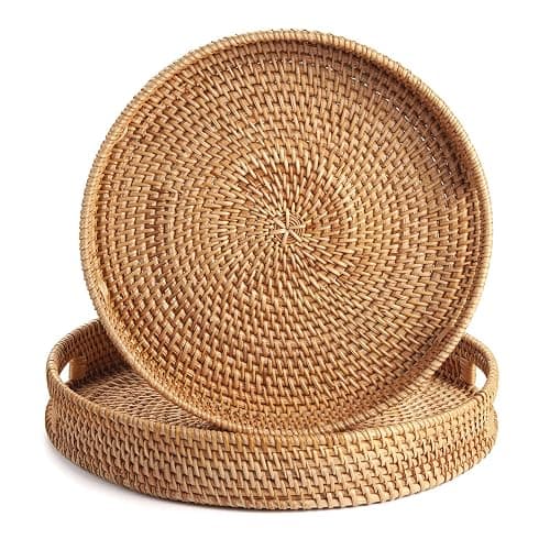 Coffee Table Tray Round Rattan Ottoman Tray Woven Serving Trays with Handles for Home and Kitchen Decorative Natural (Large 14 inch x 2.4 inch) thumbnail 4
