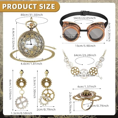 DPKOW Pack of 6 Steampunk Accessories for Women and Men - Glasses, Pocket Watch, Gears, Necklace, Earrings Jewelry Set thumbnail 3