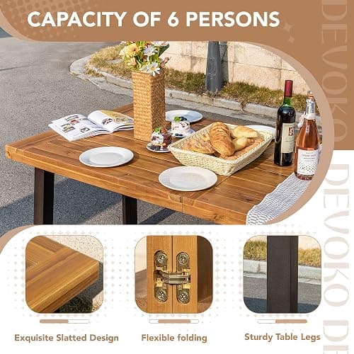 Devoko Home Acacia Wood Dining Table 6-Person Indoor Outdoor Table with Iron Legs, Sandblast Finish, Natural Stained, Rustic Metal, 69 * 33 * 30 inch (Natural) - Brown thumbnail 6