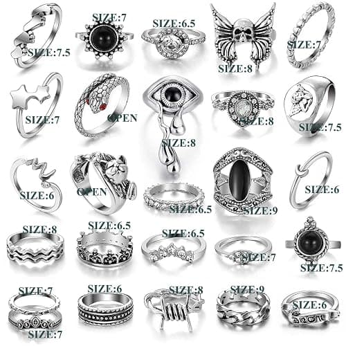 17IF 26-35 Pcs Vintage Silver Knuckle Rings Set for Women Men, Grunge Gothic Rings Chunky Aesthetic Snake Stackable Adjustable Punk Bulky Finger Alt Fairy Skull Frog Heart Star Flower Midi Ring Pack thumbnail 7