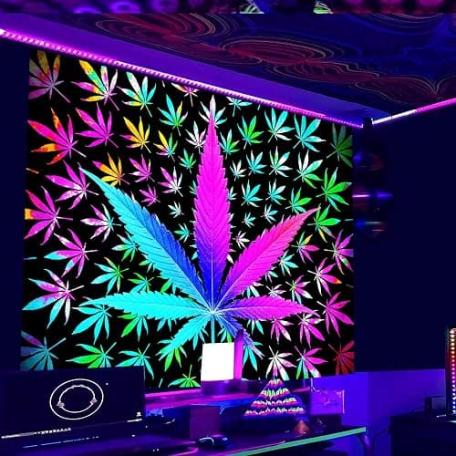 VEIGIKE Cool Trippy Weed Blacklight Tapestry UV Reactive, Neon Tie Dye Marijuana Leaf Cannabis Black Light Art Poster for Men Room Bedroom, Psychedelic Glow in The Dark Blanket Party Decor (60X40) thumbnail 3
