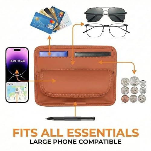 HOLDCY Car Visor Organizer – Sun Visor Storage Pouch Holder for Vehicle Truck SUV, PU Leather Auto Interior Accessories for Registration Document, Gas Card & Sunglasses, Universal Fit (Oranger) thumbnail 3