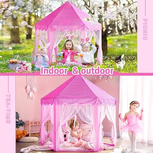Monobeach Princess Tent Girls Large Playhouse Kids Castle Play Tent with Star Lights Toy for Children Indoor and Outdoor Games, 55'' x 53'' (DxH) - 01 Pink Tent with Little Star Lights thumbnail 5