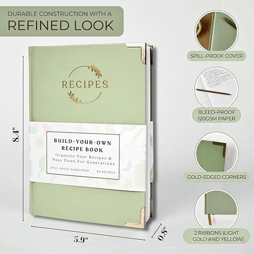 Kikaze Collection Blank Recipe Notebook | Small Blank Recipe Book to Write in Your Own Recipes | Artisan Hardcover Journal for 60 Recipes | 8.4” x 6” Leather Sage Green & Gold Hardcover | Tabs, Stickers, Pocket & Bookmarks thumbnail 3