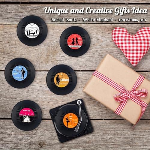 Valdivia Funny Retro Vinyl Record Coasters with Player, 6 Pcs Music Coasters for Drinks, Bars, Party, Birthday Gifts for Music Lovers, Home Decor Housewarming and White Elephant Gifts Ideas thumbnail 4