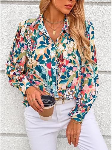 PRETTYGARDEN Womens Floral Blouses Dressy Casual Long Sleeve Fall Tops 2026 | V Neck, Button Down Shirts, Boho Tops, Chiffon Work Blouses, Business Casual Clothes, Vacation Teacher Outfits thumbnail 6