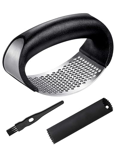 Garlic Press Stainless Steel, Garlic Mincer Garlic Chopper With Peeler& Brush, Cloves Chopper Grinder Slicer Squeezer Roller, Easy To Use (black) - Image 1