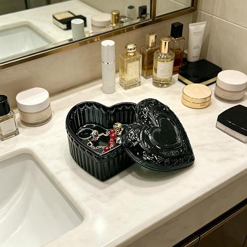 WHSLILR Black Glass Jewelry Box - Heart Shape Cute Box for Storage Ring Earring Trinket Vintage Jewelry Organizer Decorative Gift for Women Girls- 3.66 x 3.54 x 2.26 IN - GRB003-Black thumbnail 5