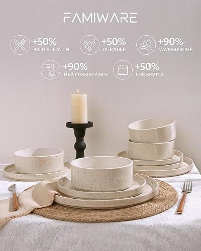 Famiware Nebula Plates and Bowls Sets, 12 Pieces Dinnerware Sets, Dishes Set for 4, Creamy White with Colorful Speckles thumbnail 5