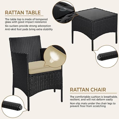 Yaheetech 3 Pieces Patio Conversation Set, Outdoor Rattan Bistro Furniture, 2 Chairs with Cushions & 1 Side Table for Bistro/Porch/Garden/Deck/Courtyard, Black/Khaki thumbnail 5