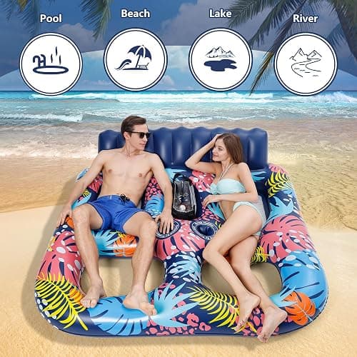 2-Person Inflatable Pool Floats Adult Heavy Duty, 71" x 61" Pool Lounger Float with Cup Holders & Backrest & Removable Insulated Cooler, Thickened Swimming Raft for Pool Party, Lake, Beach, River thumbnail 5