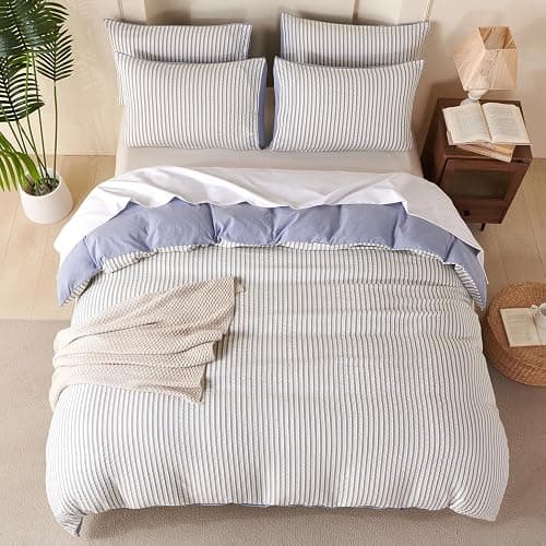 TISPLR Striped Comforter Queen Blue Soft Luxury Washed Microfiber Jacquard 3 Pieces Bedding, White Blue Vertical Ticking Stripes Pattern Comforter with 2 Pillowcases Breathable Durable Comfy thumbnail 7
