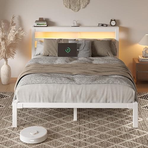 HAY.com Full Size Bed Frame with LED Light & Charging Station, Metal Platform Bed with Storage Headboard & Under-Bed Storage, Heavy Duty Slats Support, No Box Spring Needed, Noise-Free, White - Image 1