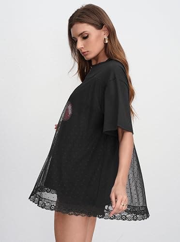 CSDAJIO Trendy Crew Neck Oversized T Shirts for Women Short Sleeve Loose Graphic Tee Summer Lace Top thumbnail 4
