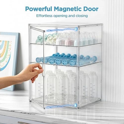 HBlife Baby Bottle Storage Organizer for Countertop Cabinet, 3 Tiers Adjustable Clear Acrylic Bottles Storage Station Case Box Container with 2 Removable Dividers and Magnetic Door, X-Large thumbnail 4