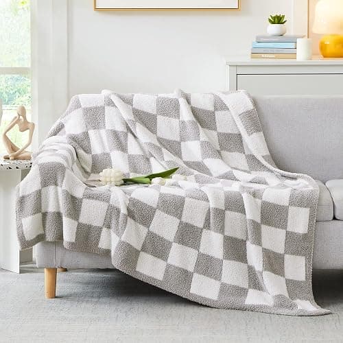 WRENSONGE Soft Checkered Throw Blanket for Couch-Cozy Warm Knitted Blankets | Lightweight Warm Fluffy Decor for Women, Mom, Her & Girls, Sofa, Chair, Bed, 50x70in,Light Grey thumbnail 2