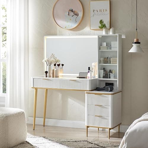 T4TREAM Fluted Makeup Vanity Desk with 36" HD Lighted Mirror, 48" Big Modern Vanity Desk with Mirror and Lights, Dressing Table with 5 Drawers & Shelves, Glass Top for Bedroom (Off White) thumbnail 7