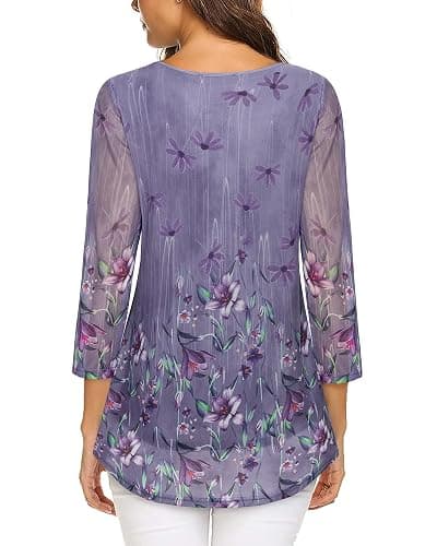 VALOLIA Women's 3/4 Sleeve Tunic Tops Casual Loose Fit Floral Blouses Mesh Pleated Layered Shirt thumbnail 2