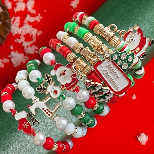 Bovemee Christmas Bracelets for Women Holiday Party Favors | Set of 8, Adjustable Fit, Festive Charms, Stocking Stuffers, Red & Green Beads thumbnail 2