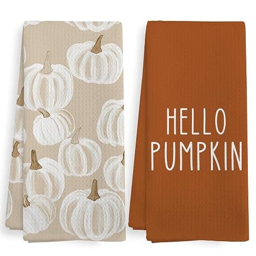 XNXLDYLH Fall Hello Pumpkin Kitchen Towels and Dishcloths Sets of 2, Fall Burnt Orange Beige White Pumpkin Decor Dish Hand Tea Towels Gifts for Bathroom Kitchen, Autumn Aesthetic Fall Decor, 16x24 in - Image 1