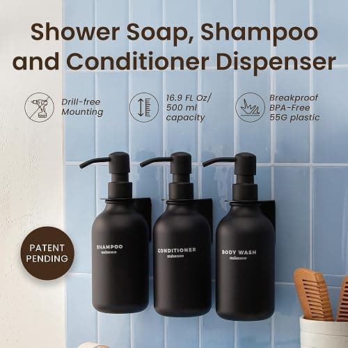 MaisoNovo Shampoo and Conditioner Dispenser - Shower Soap Dispenser Wall Mounted - 16.9 fl oz Set of 3 Black Plastic Bottles Black Pump - Shampoo Dispenser, Shower Dispenser thumbnail 2