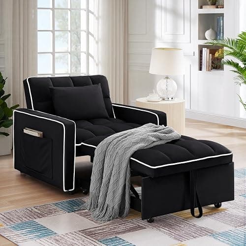 Convertible Sleeper Chair Bed, 3 in 1 Modern Velvet Pull Out Sofa Bed, Small Tufted Single Sleeper Chair with Adjustable Backrest/Pillow for Living Room, Small Spaces, Apartment, Office, Black thumbnail 8