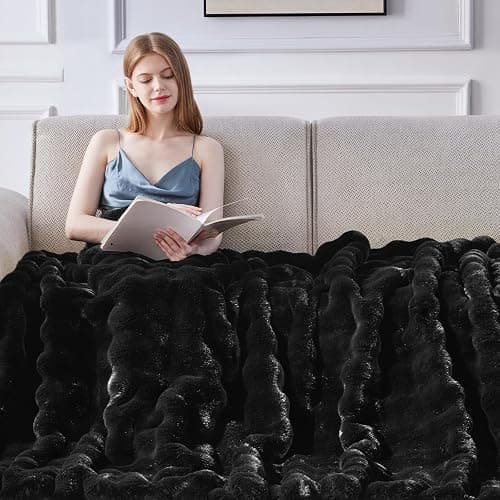 Anysay Faux Fur Throw Blanket, 1000GSM Fluffy Soft Bubble Blanket for Couch Bed, Cozy Plush Warm and Thick Blanket, Fuzzy Rabbit Lola Throw for Living Room Bedroom 90''*104'' Black thumbnail 4