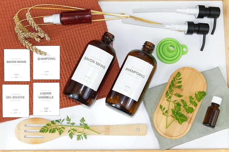 Distributeurs de Savon en Verre - Pack de 2 - Savon Mains - Liquide Vaisselle - Gel Douche - Shampoing - Plateau en Bois, Entonnoir Plastique, Etiquettes - Accessoires Salle de Bain Cuisine (Ambre) thumbnail 6