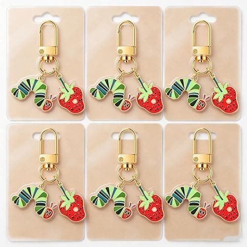 WCRAZYE 6PCS Hungry Caterpillar Keychain Brooch Jewelry Set for Women Green Caterpillar Strawberry Apple Teacher Keychains thumbnail 5