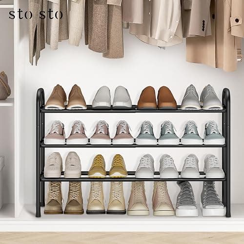 STO STO Expandable Shoe Rack, 3-Tier Metal Small Shoe Rack for Closet, Up to 16 Pairs Adjustable Shoes Racks Storage for Front Door Entrance, Free Standing Shoes Rack Organizer for Entryway, Black thumbnail 2