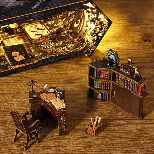 ISSEVE DIY Book Nook Kit, 3D Wooden Puzzle DIY Miniature House Kit for Booknook Shelf Insert Decoration, Magic Book House Stand Bookshelf Dollhouse for Adults with Sensor Light (Detective Agency) thumbnail 8