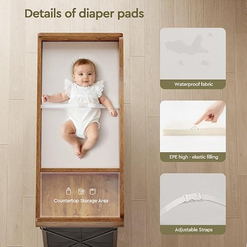 Yetom Changing Table, 6-Drawer Baby Dresser with Changing Table top,Waterproof Diaper Changing Station & Pad, 2 Height-Adjustable Open Storage Shelves, Mobile Nursery Organizer, Rustic Brown thumbnail 5
