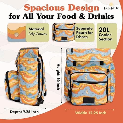 Lax & Daisy Travel Picnic Backpack for 2 Persons - 14 Piece Set Cooler Bags Insulated for Beach, Camping, Hiking & Parks with Blanket, Tumblers, Plates, Gold Cutlery & Cutting Board (Sun Moon Print) thumbnail 2