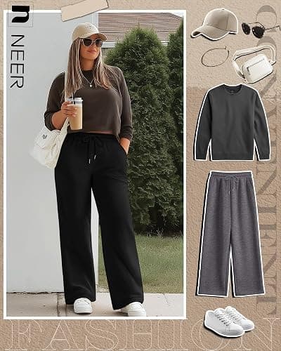 Neer 3 Pack Women's Plus Size Sweatpants Wide Leg Cargo Lounge Pants High Waist Ladies' Slacks Drawstring Jogger with Pockets thumbnail 4